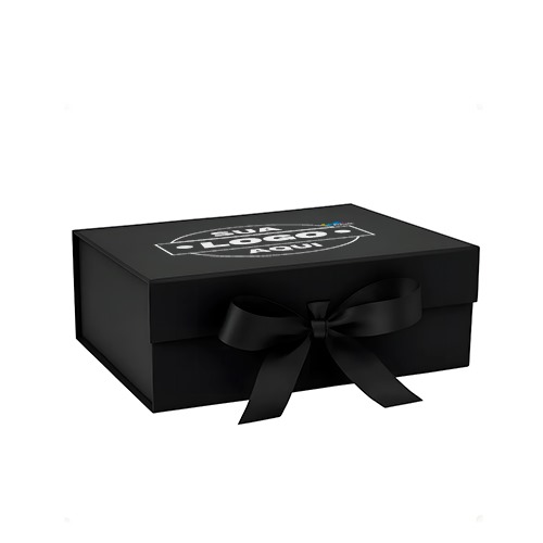 Caixa de presente premium rígida com laço de cetim preto, Com dimensões de 22 cm de comprimento, 17 cm de largura e 8,5 cm de profundidade, modelo liso, feita em papel de alta qualidade